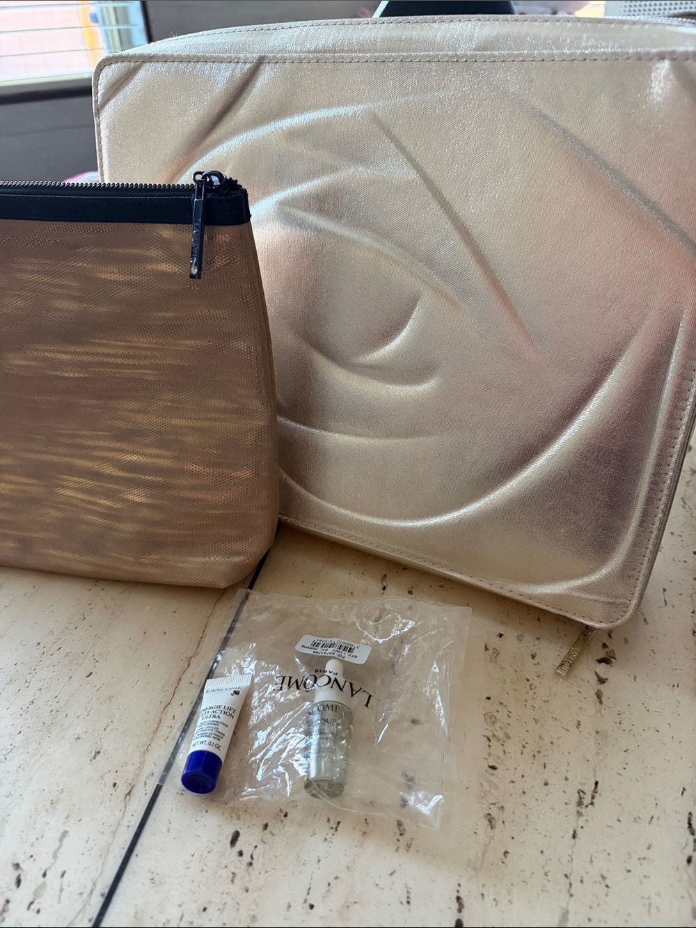 Lancome Gold Metallic and Copper Accessory & Makeup Set w/ Eye Cream & Solution